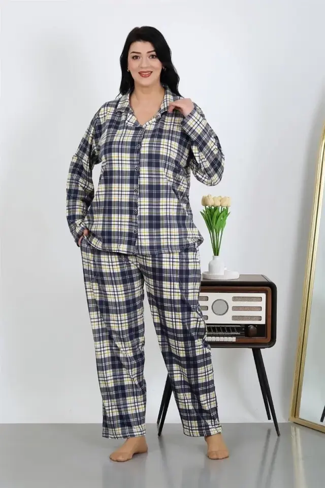Kadın Büyük Beden Pamuklu Cepli Düğmeli Lacivert Pijama Takım
