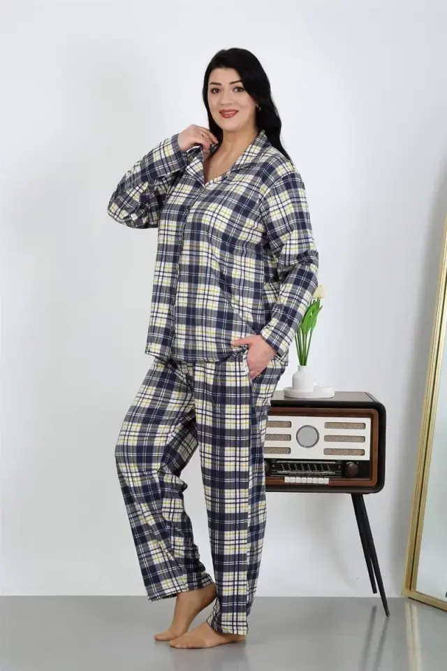 Kadın Büyük Beden Pamuklu Cepli Düğmeli Lacivert Pijama Takım