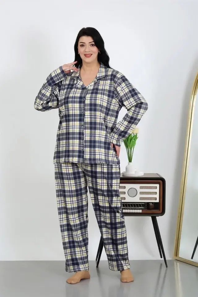 Kadın Büyük Beden Pamuklu Cepli Düğmeli Lacivert Pijama Takım