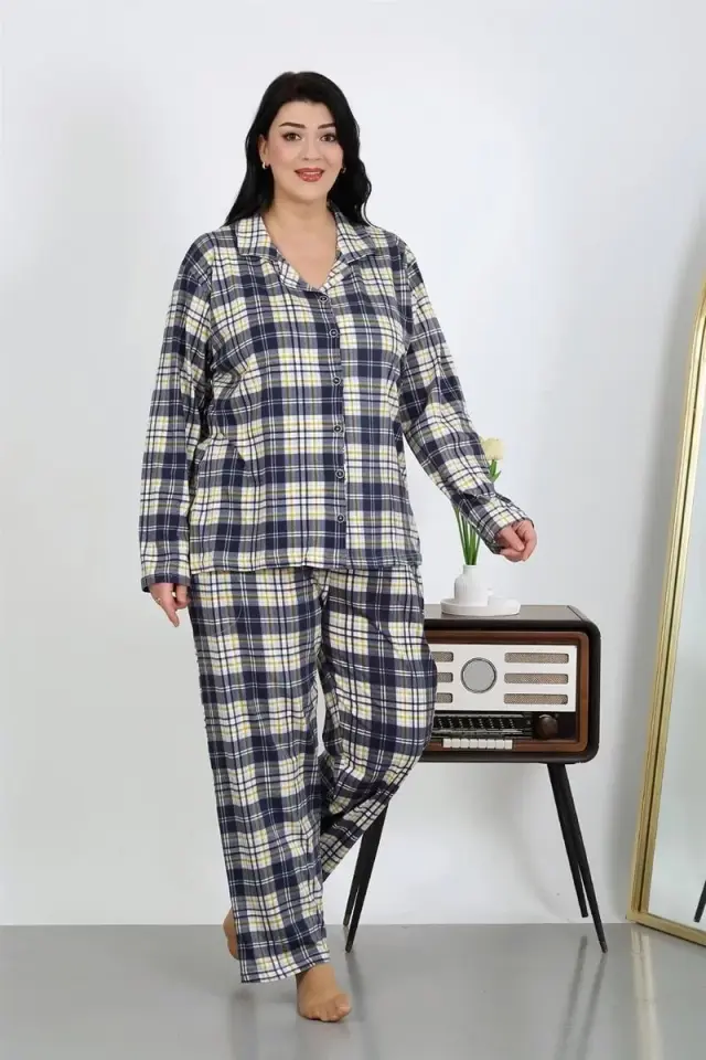 Kadın Büyük Beden Pamuklu Cepli Düğmeli Lacivert Pijama Takım