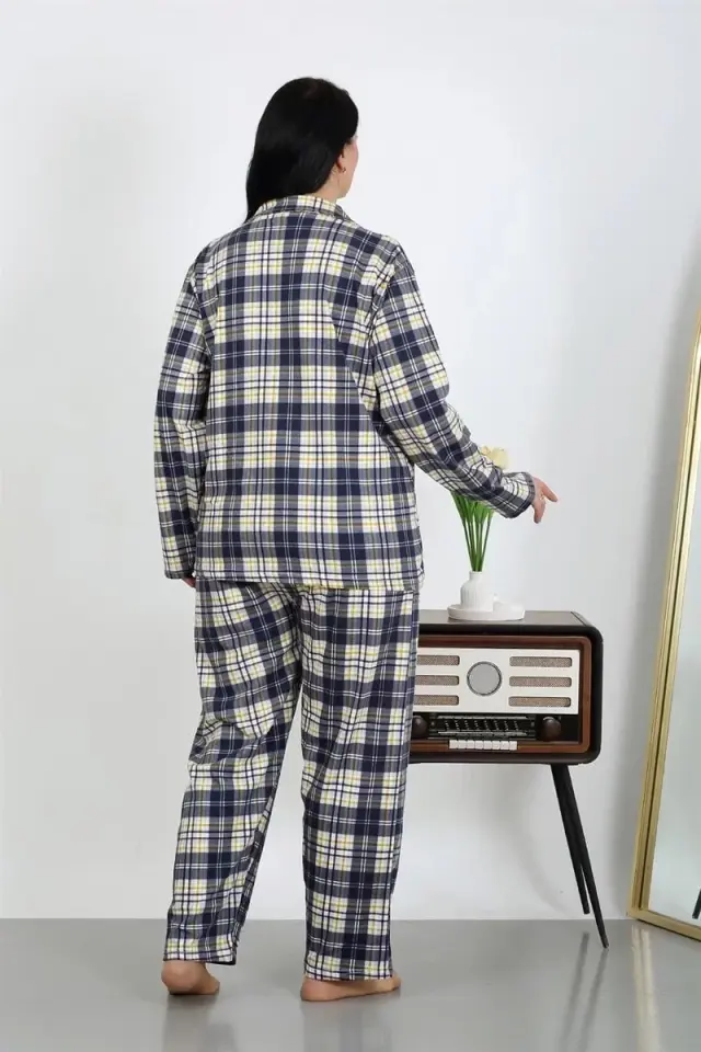 Kadın Büyük Beden Pamuklu Cepli Düğmeli Lacivert Pijama Takım