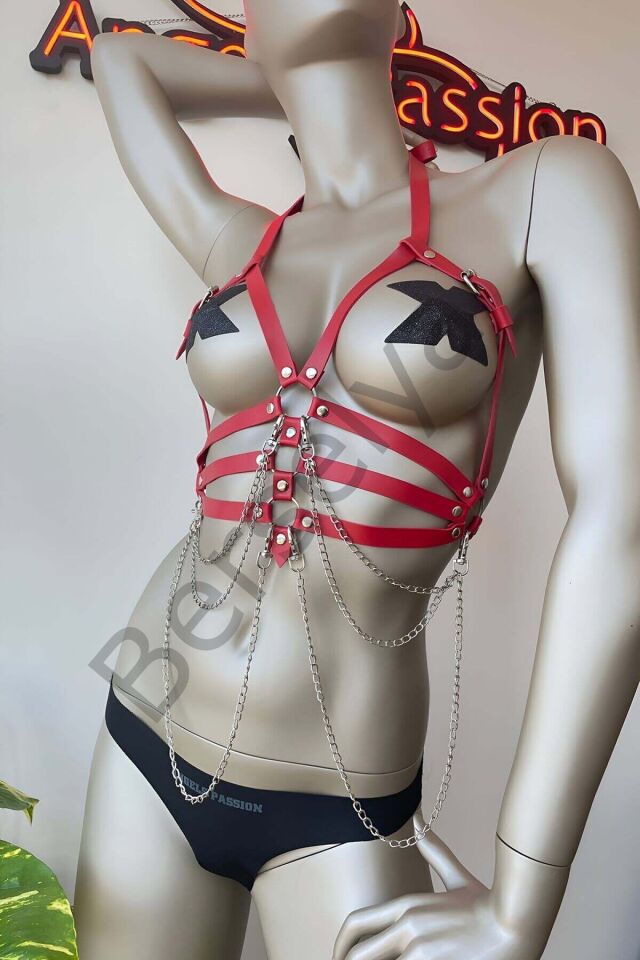Kırmızı Deri Harness Fantazi Giyim