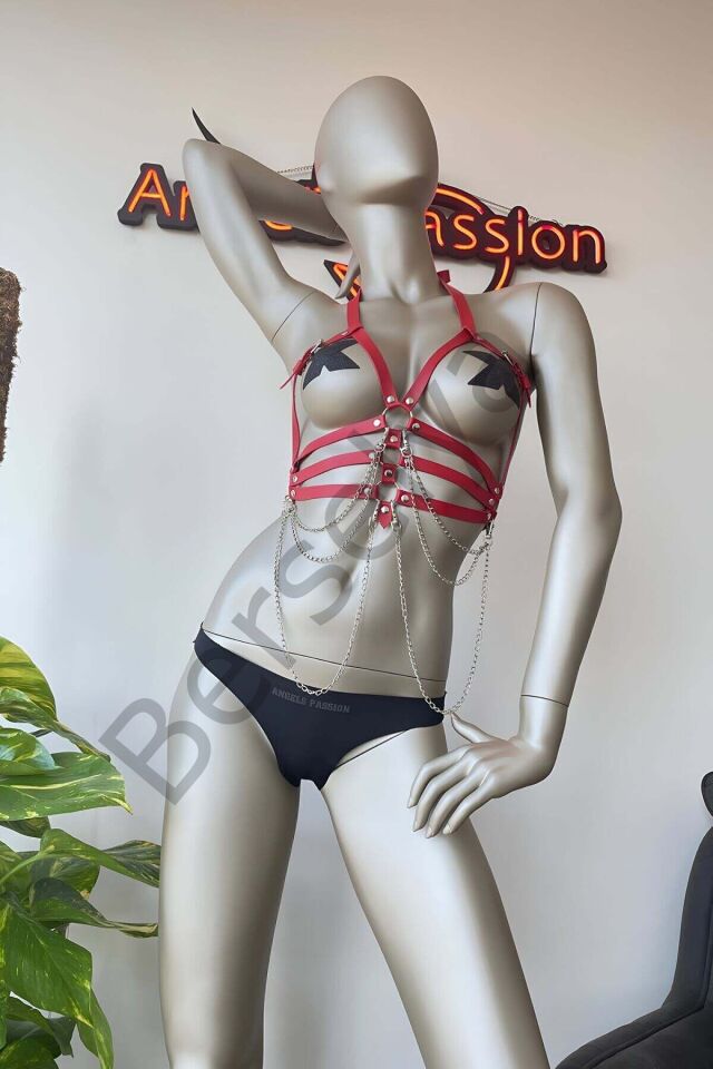 Kırmızı Deri Harness Fantazi Giyim