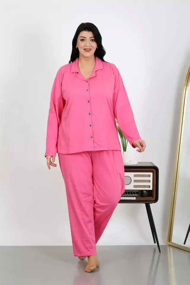 Kadın Büyük Beden Pamuklu Cepli Düğmeli Pembe Pijama Takım