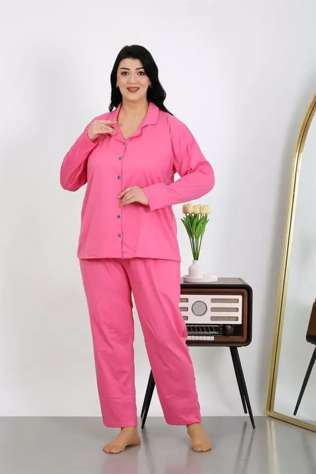Kadın Büyük Beden Pamuklu Cepli Düğmeli Pembe Pijama Takım