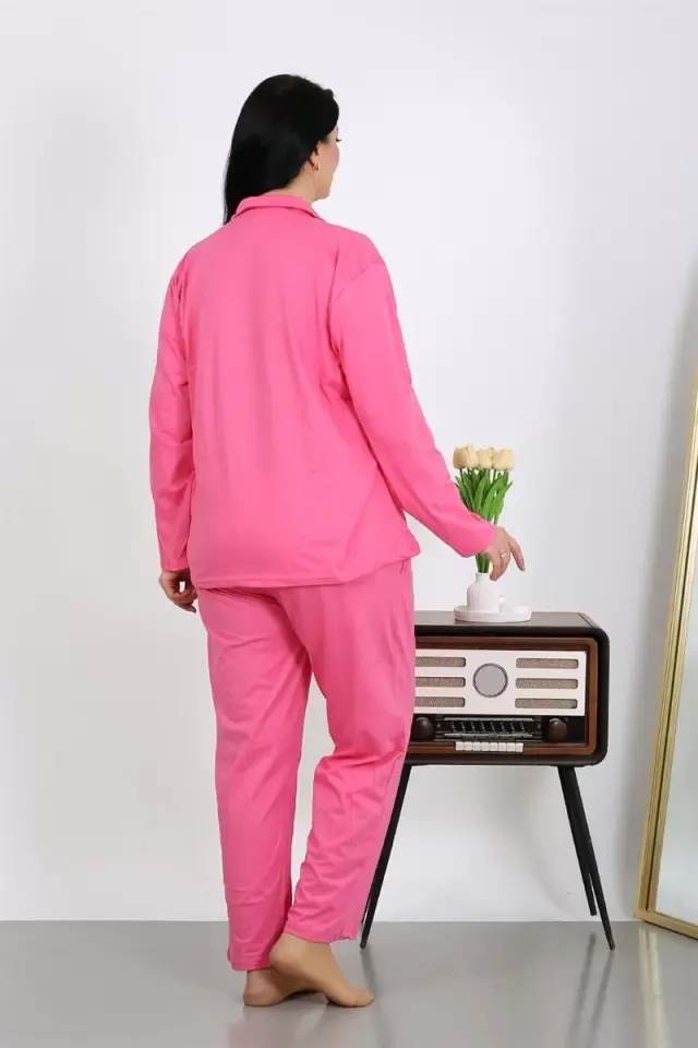 Kadın Büyük Beden Pamuklu Cepli Düğmeli Pembe Pijama Takım