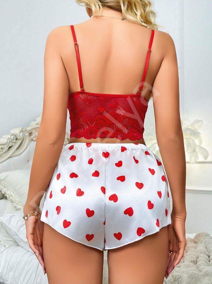 Kadın Kırmızı Kalp Desenli Şort Askılı Dantel Üst Pijama Takımı 2218