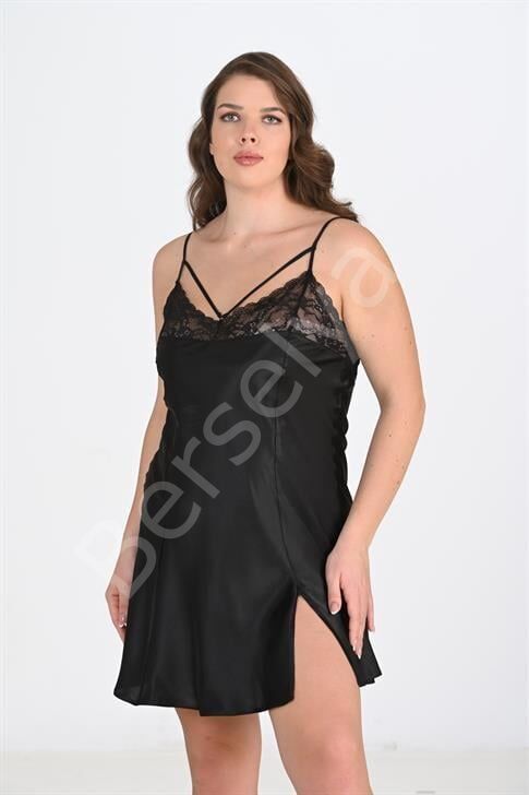 Premium Büyük Beden Saten Dantel İşlemeli Siyah Gecelik Bigsize