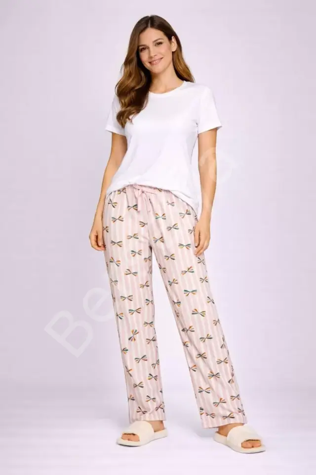 Beli Fiyonklu Rahat Kesim Pamuklu Tek Alt Pijama Kadın Byati012