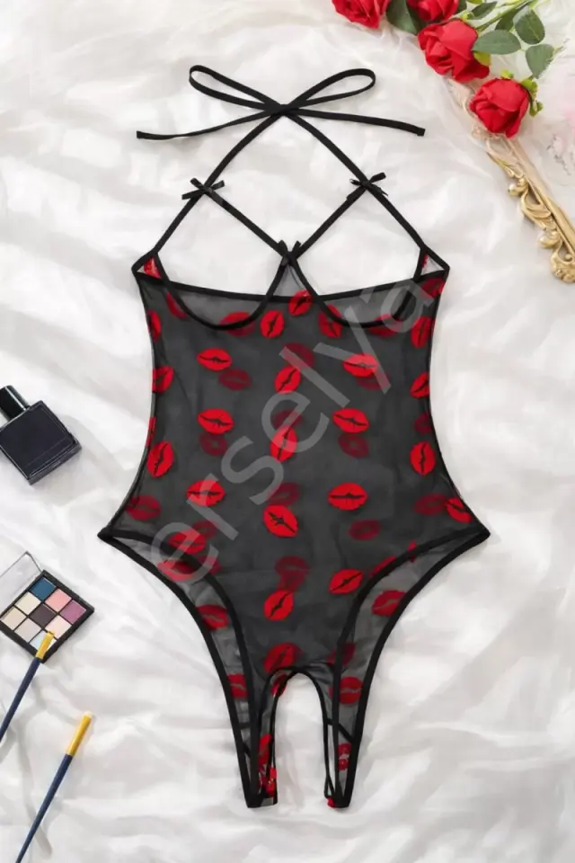 Öpücük Desenli Transparan Siyah Fantazi İç Giyim Tm1385