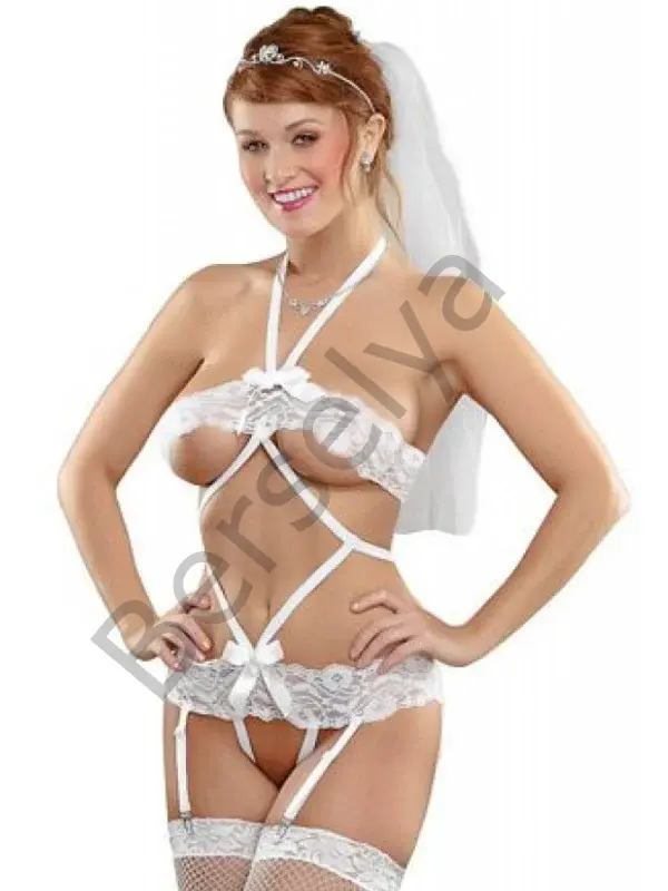 Fantezi Duvaklı Dantelli Seksi Gelin Jartiyer Takımı