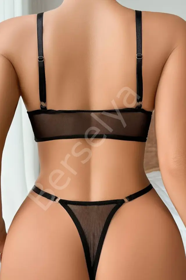Siyah Transparan Tül Bralet Tanga İç Giyim Takımı Tm1383