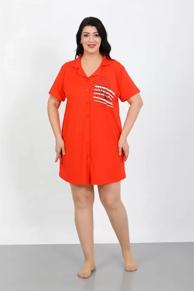 Büyük Beden Penye Düğmeli Nar Çiçeği Tunik Gecelik