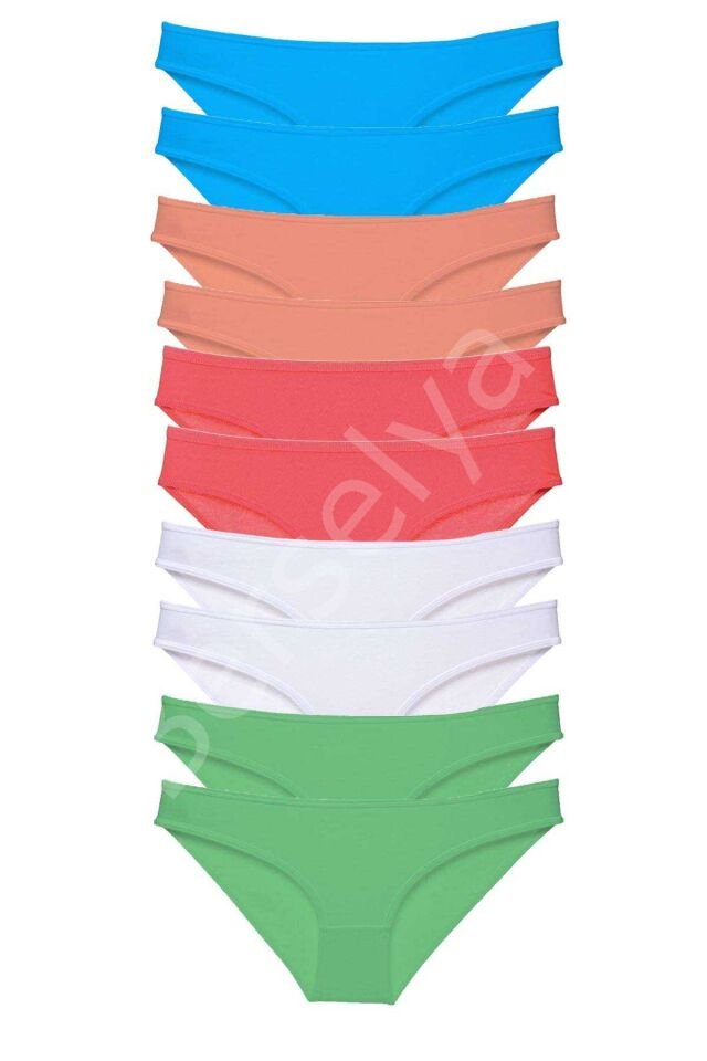 10 adet Süper Eko Set Likralı Kadın Slip Beyaz Pudra Yeşil Fuşya Mavi M