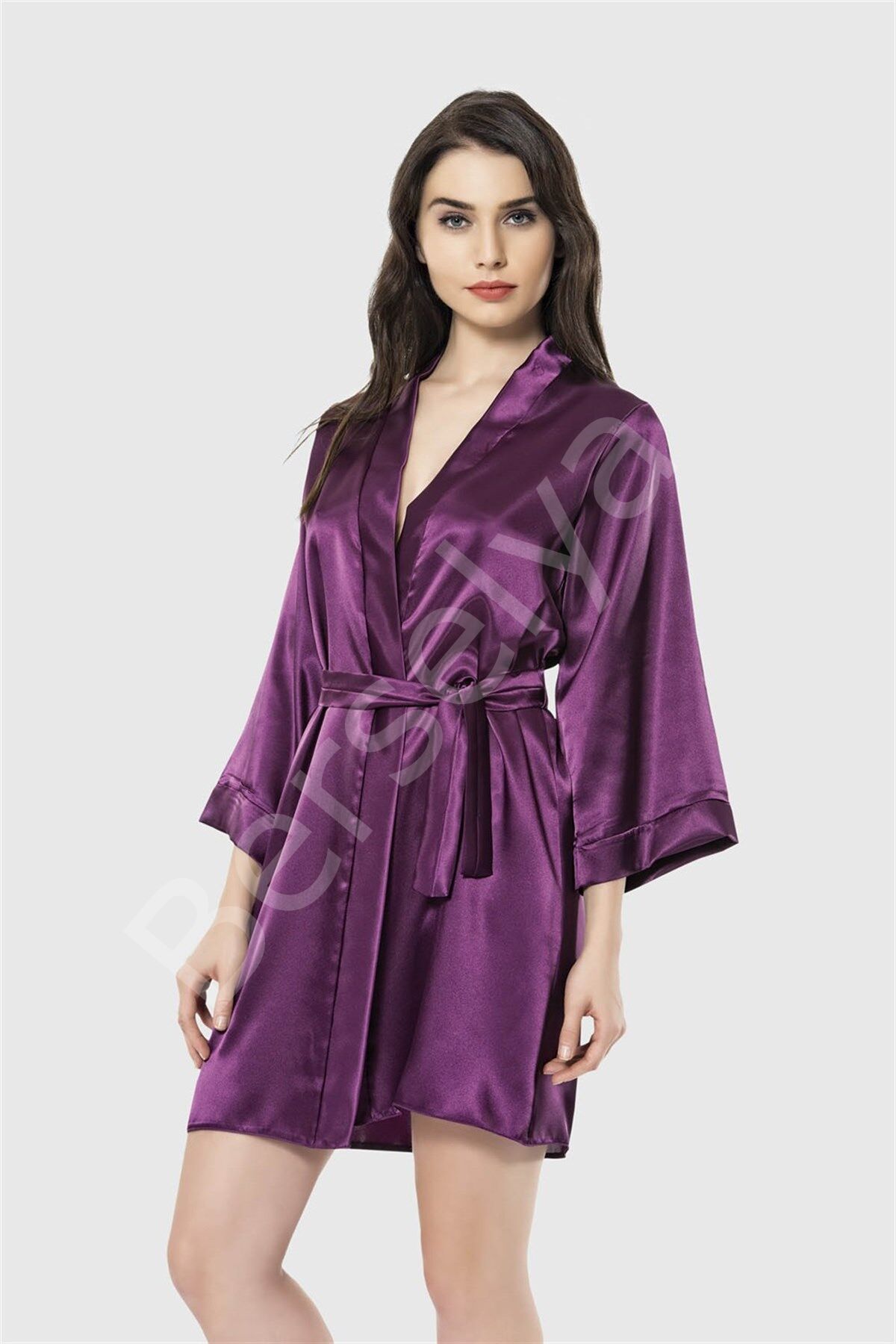 Mor Kısa Saten Sabahlık