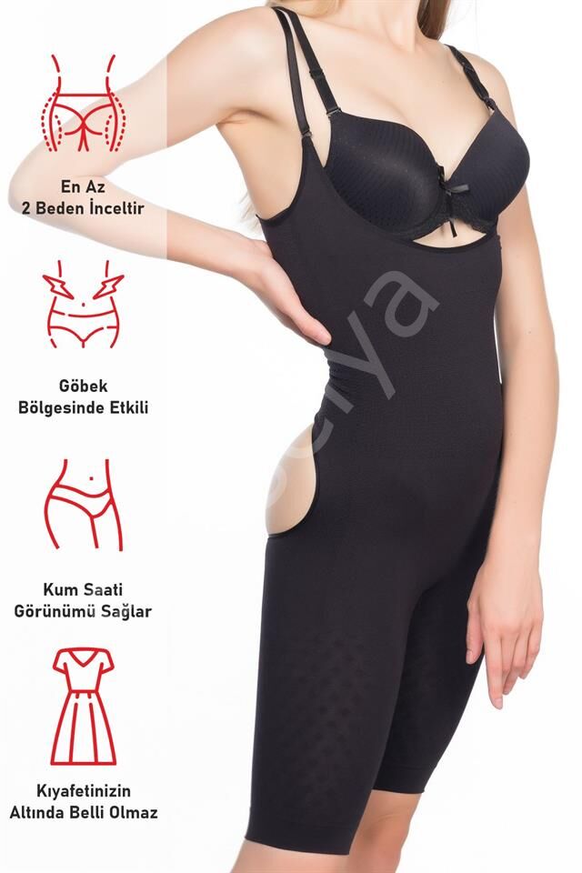 Siyah Emay 2038 Popo Ve Göğsü Açık Paçalı Boy Korse