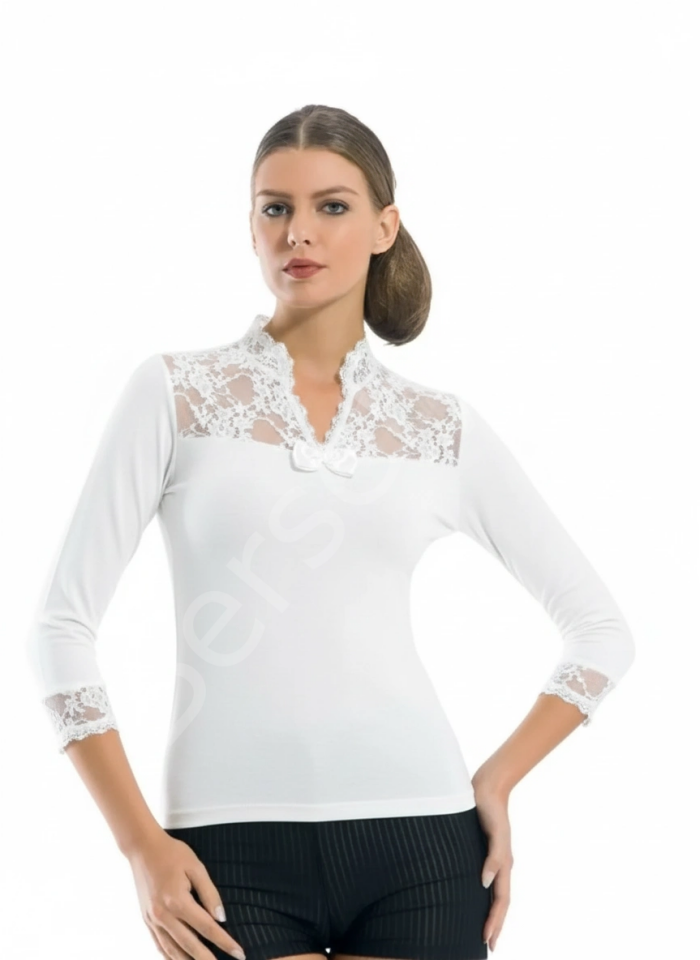 Geniş Dantelli Patlı Uzun Kollu Elestan Bluz  2176