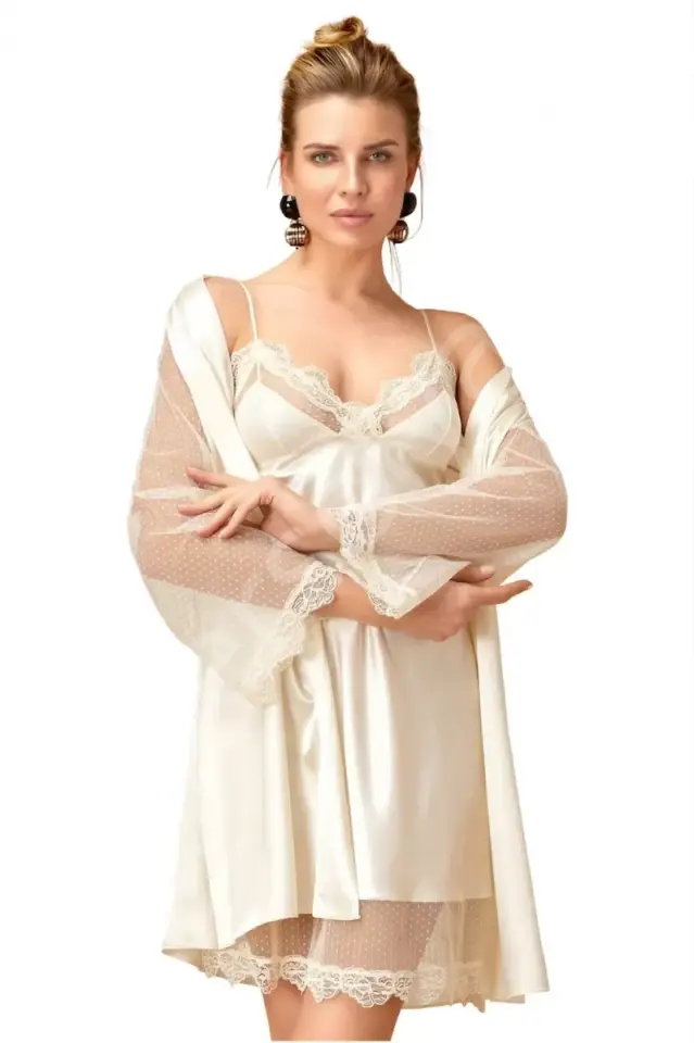 Dantel Detaylı Saten Gecelik Ve Sabahlık Takımı Kimono Set