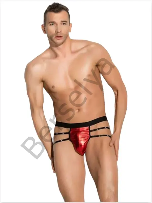 Fantezi Erkek Aşk Kırmızısı Seksi Metalli Tanga - String