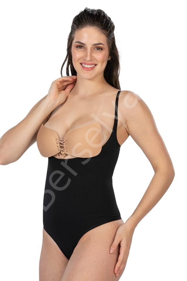 Siyah Emay 2076 Göğüsü Açık String Body Korse