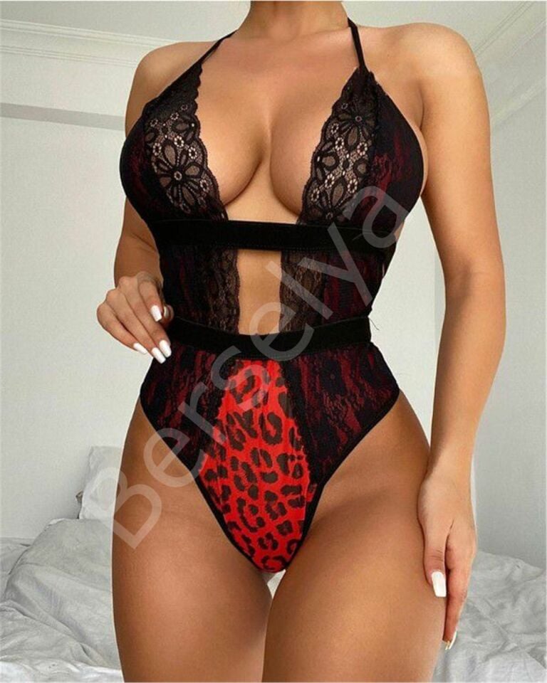 Kırmızı Leopar Desenli Dantel Detaylı Fantazi Mayokini