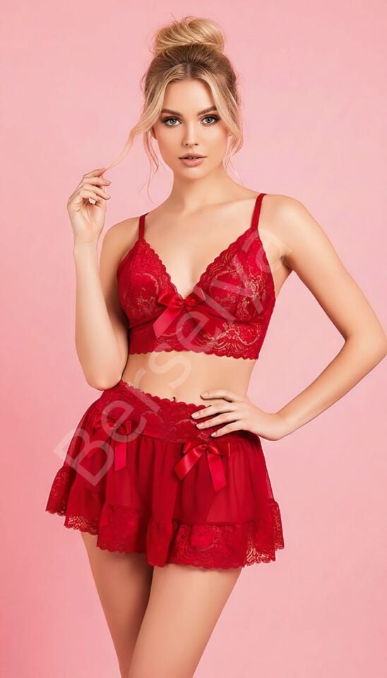 Kırmızı Dantel İşlemeli Kurdelalı Büstiyer Etek Takımı