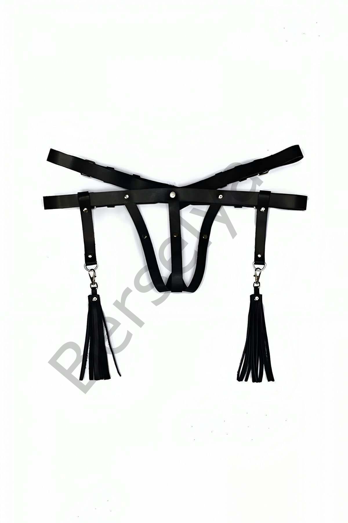 Deri İç Giyim Püsküllü Tanga Harness - Brf439