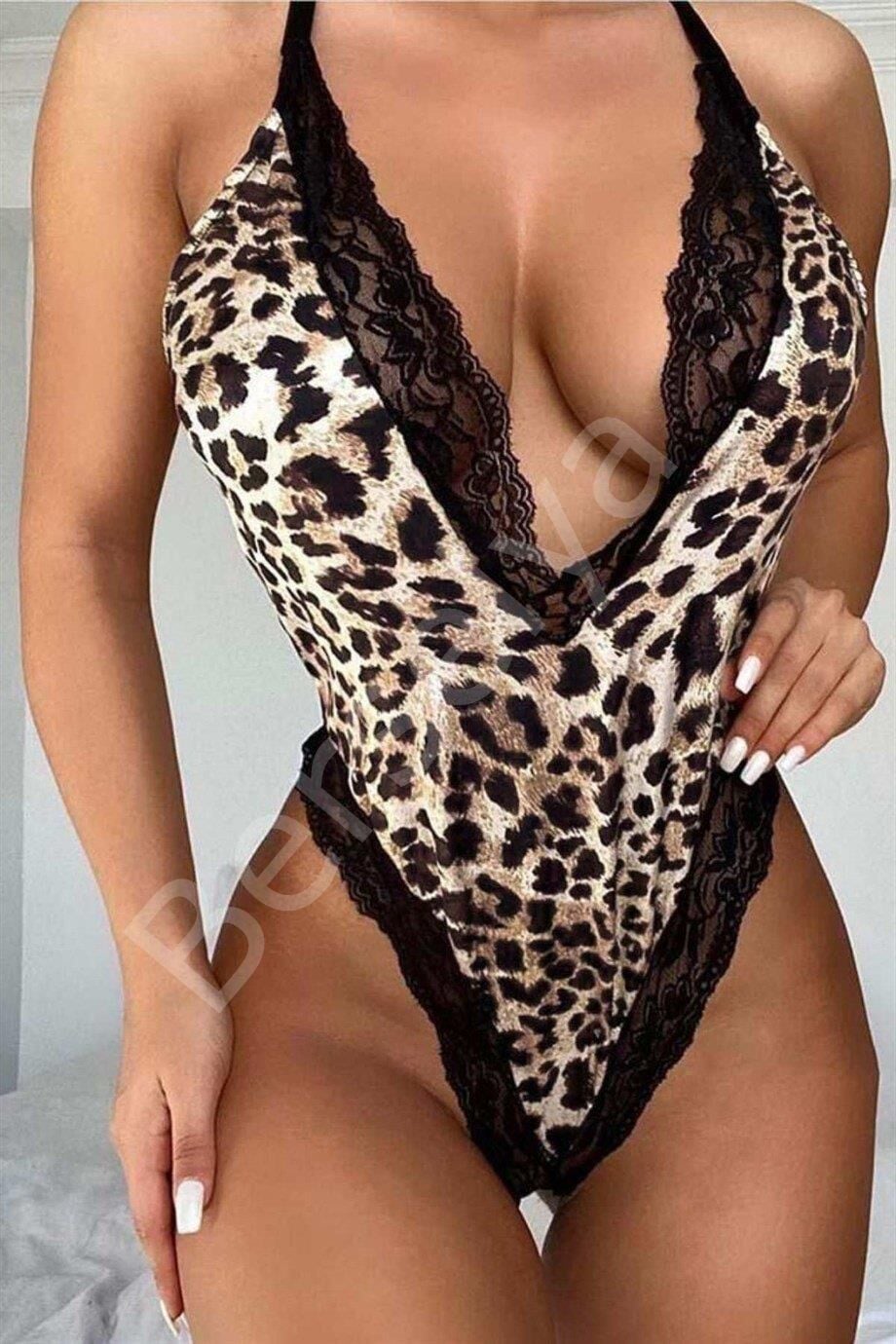 Leopar Desen Dantelli Sırtı Açık Babydoll 15011