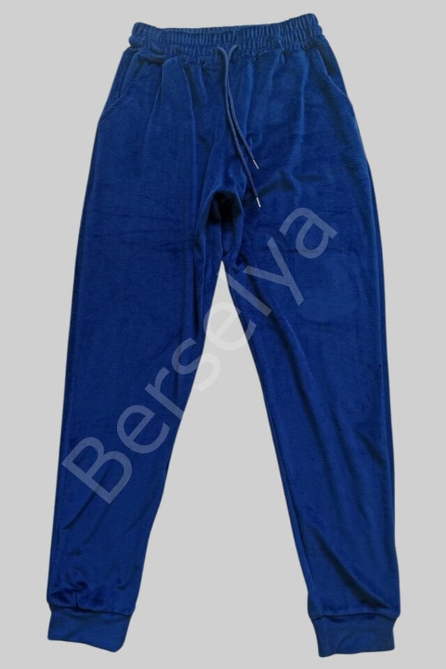 Parlak Kadife Cepli Pantolon Eşofman Pijama Altı Unisex Lastikli Paça Lacivert