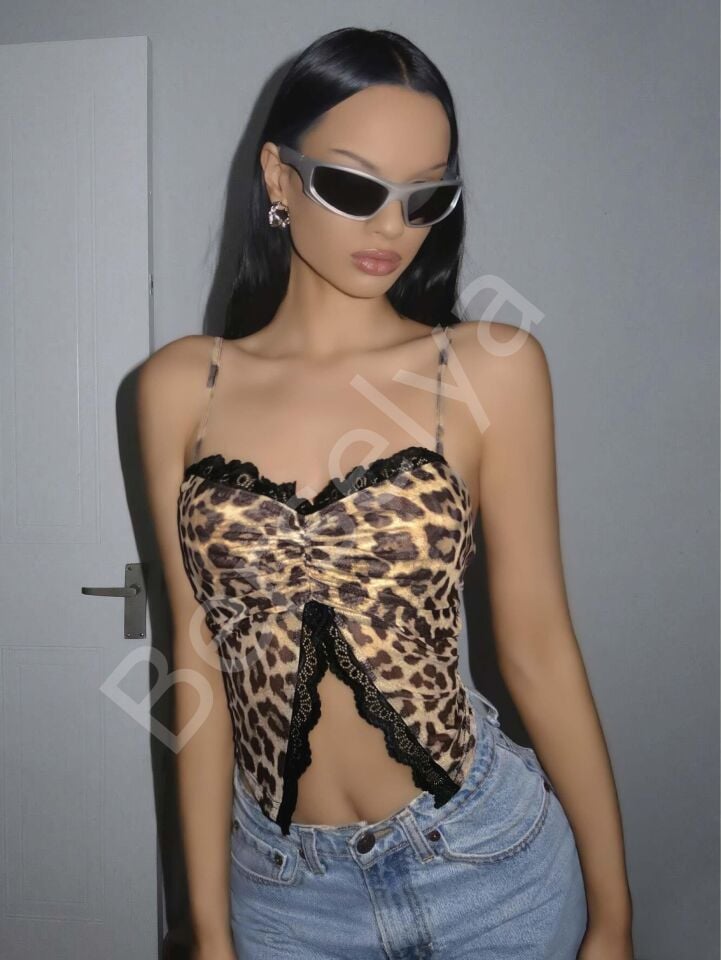 Kadın Leopar Desenli Crop Önden Dantel Detaylı 5095