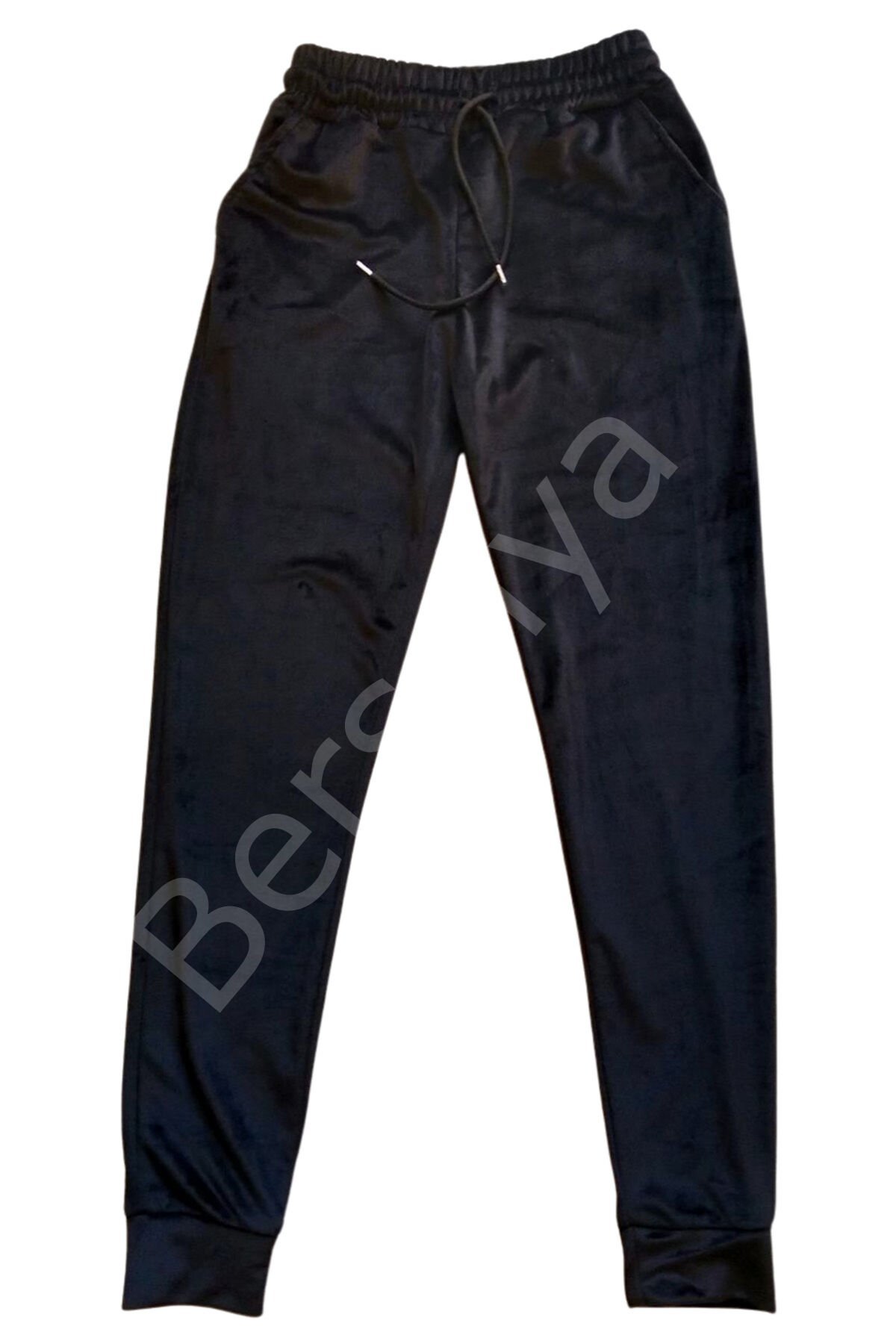 Parlak Kadife Cepli Pantolon Eşofman Pijama Altı Unisex Lastikli Paça Siyah