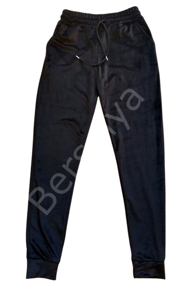 Parlak Kadife Cepli Pantolon Eşofman Pijama Altı Unisex Lastikli Paça Siyah