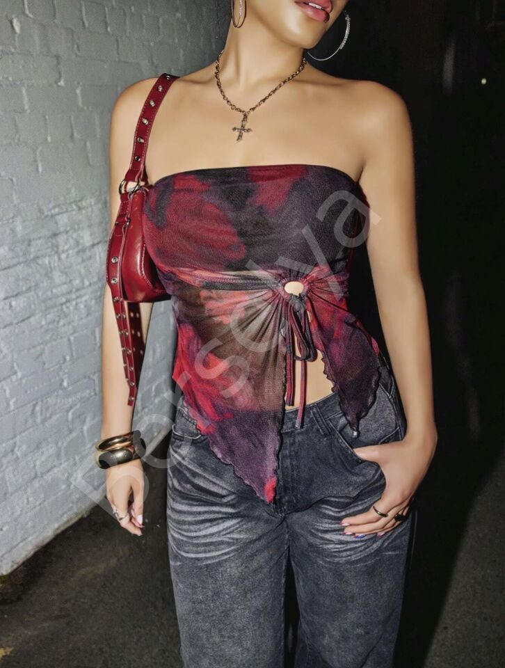 Kadın Siyah Crop Önden Halka Büzgü Detaylı 5098