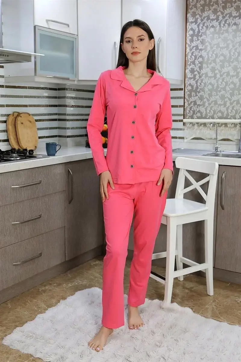 Kadın Pamuk Penye Önden Düğmeli Uzun Kol Pijama Takım Pembe