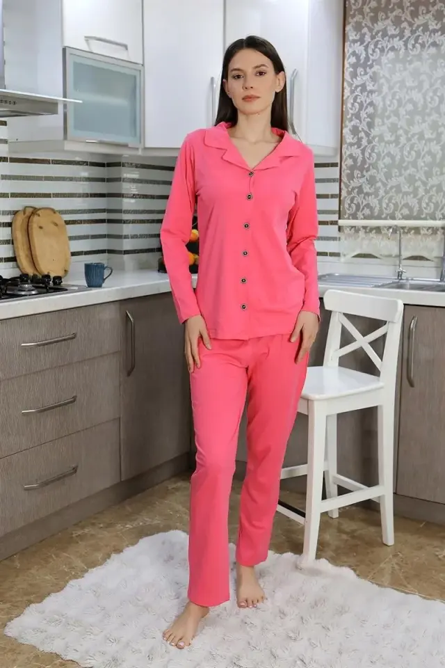 Kadın Pamuk Penye Önden Düğmeli Uzun Kol Pijama Takım Pembe