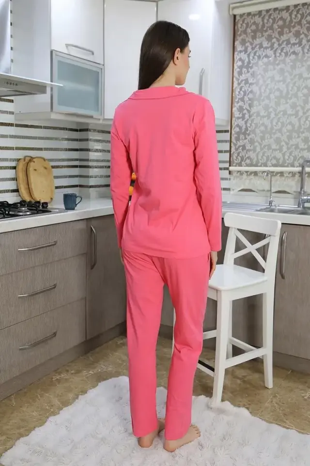 Kadın Pamuk Penye Önden Düğmeli Uzun Kol Pijama Takım Pembe
