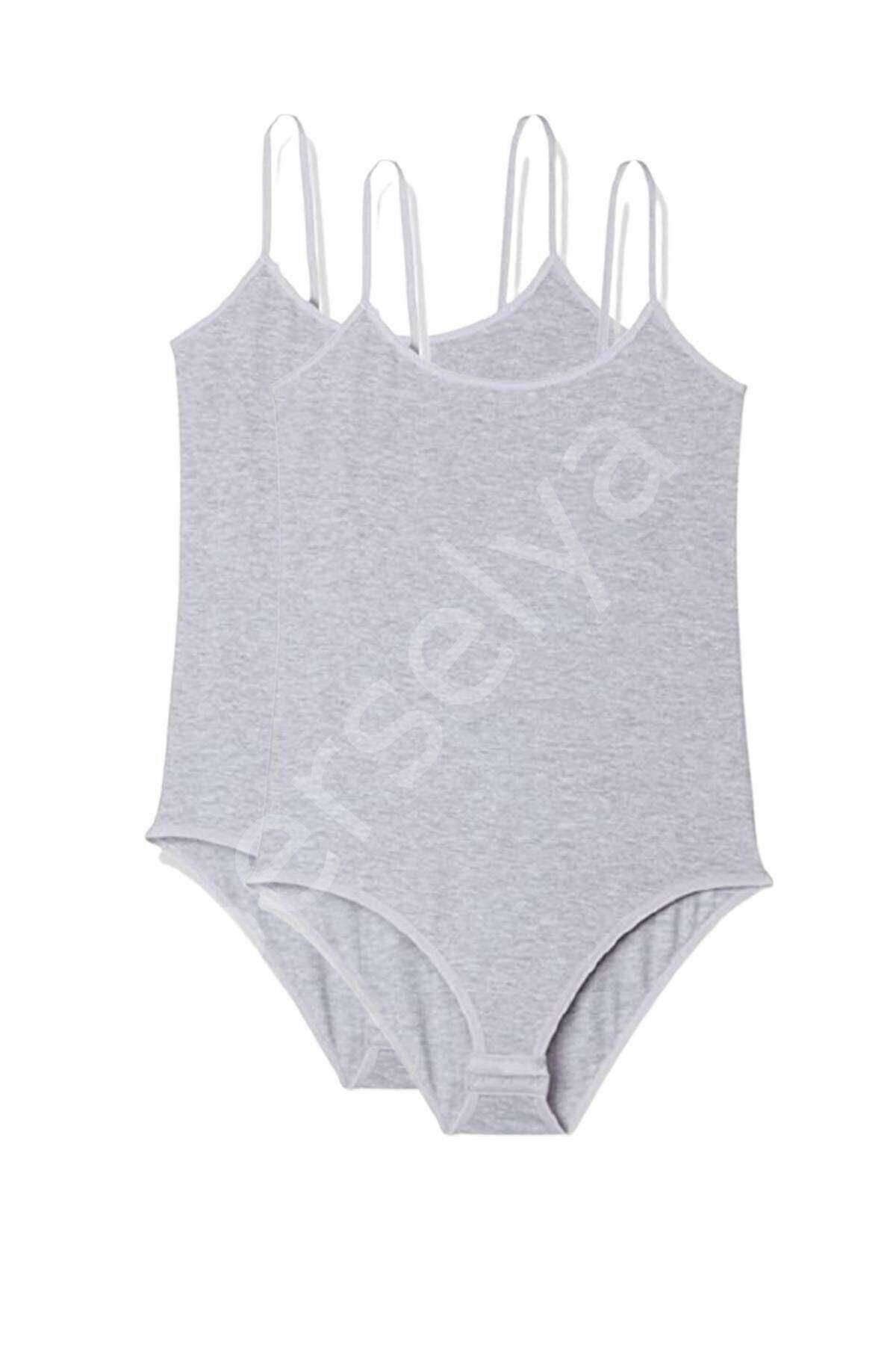 2 Adet İp Askılı Kadın Çıtçıtlı Body Gri L