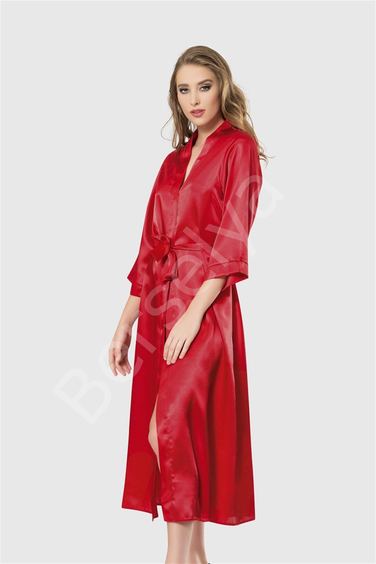 Kırmızı Uzun Saten Sabahlık