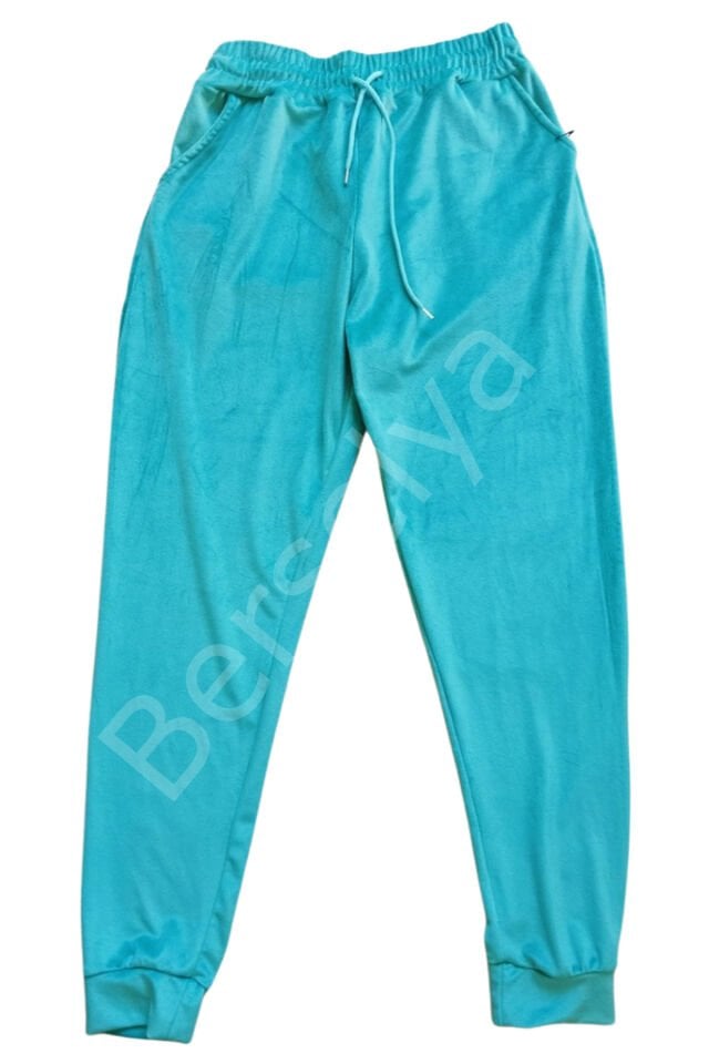 Parlak Kadife Cepli Pantolon Eşofman Pijama Altı Unisex Lastikli Paça Yeşil