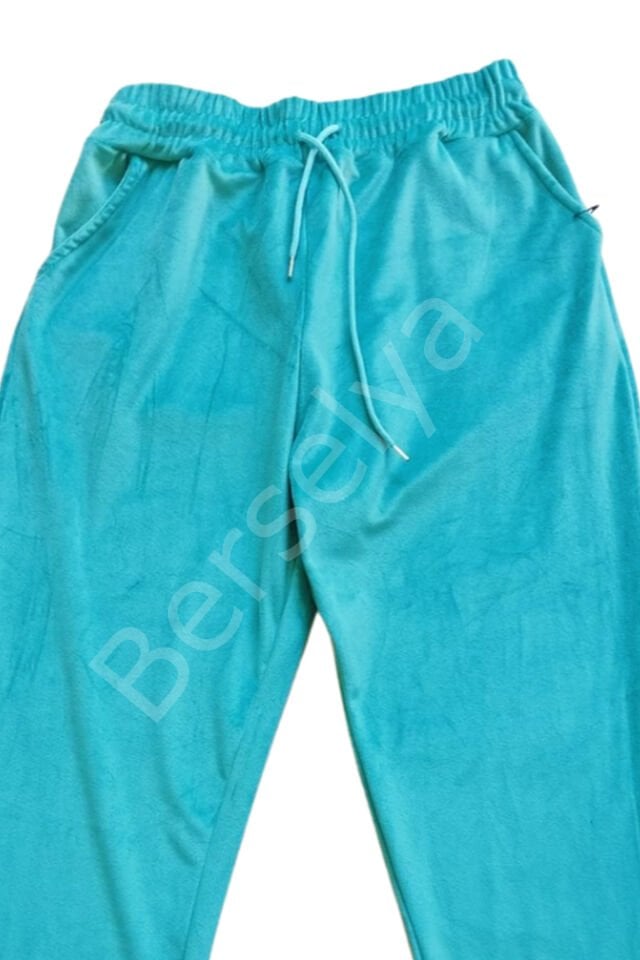 Parlak Kadife Cepli Pantolon Eşofman Pijama Altı Unisex Lastikli Paça Yeşil