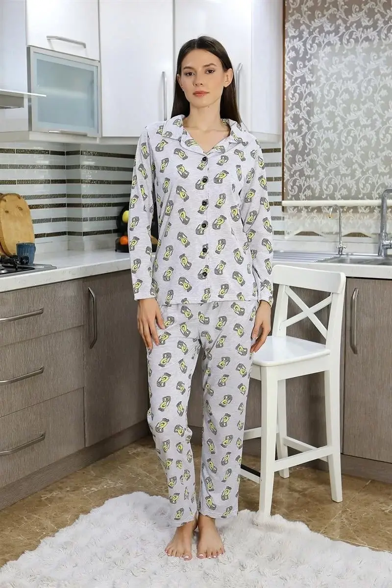 Kadın Pamuk Penye Önden Düğmeli Uzun Kol Pijama Takım Gri