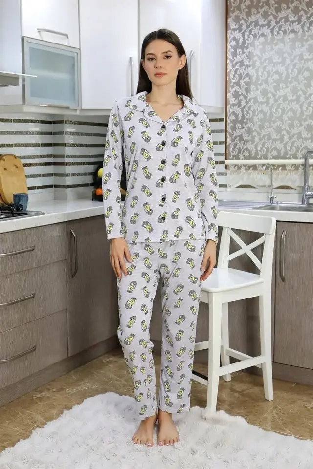 Kadın Pamuk Penye Önden Düğmeli Uzun Kol Pijama Takım Gri