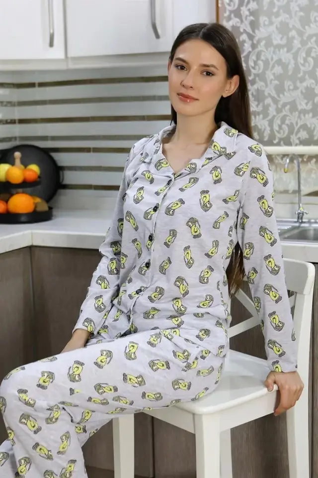 Kadın Pamuk Penye Önden Düğmeli Uzun Kol Pijama Takım Gri