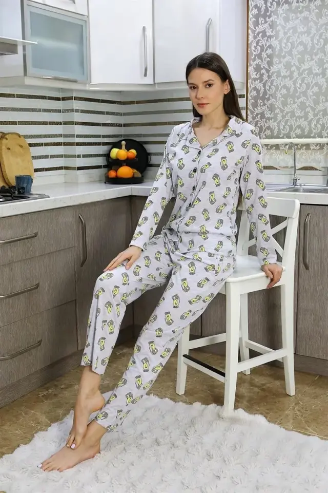 Kadın Pamuk Penye Önden Düğmeli Uzun Kol Pijama Takım Gri