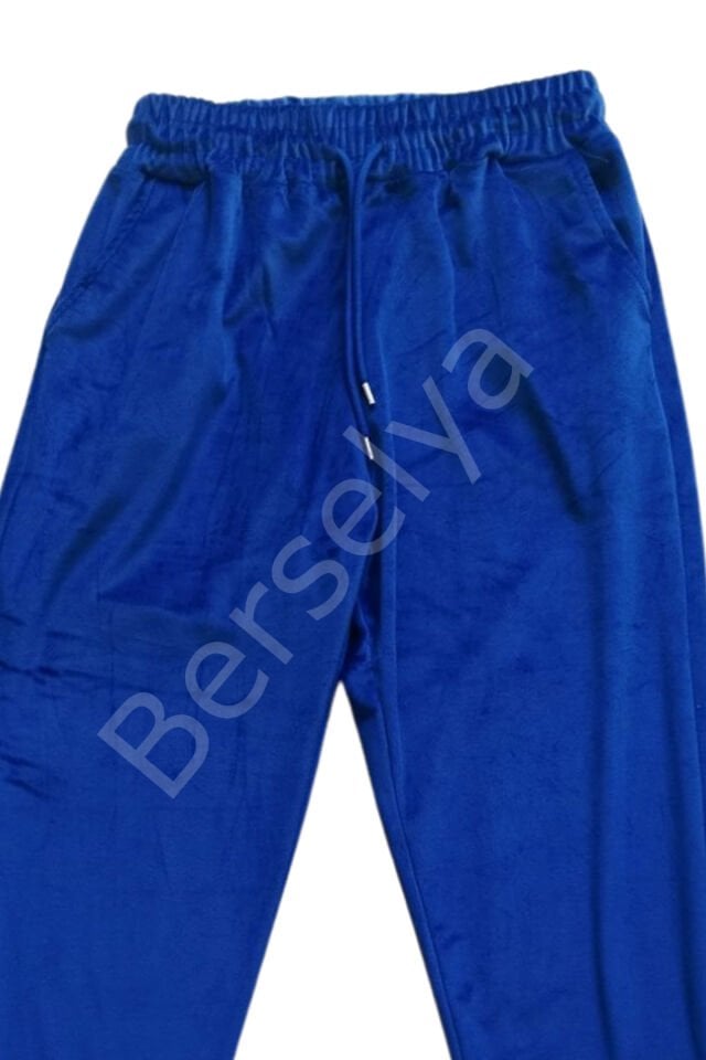 Parlak Kadife Cepli Pantolon Eşofman Pijama Altı Unisex Lastikli Paça Mavi