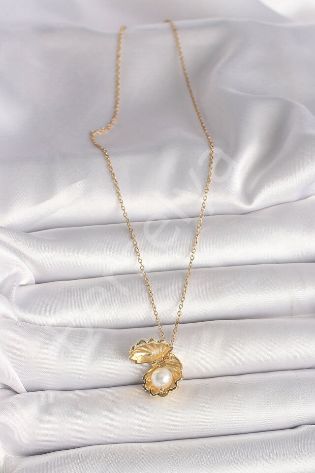 316L Çelik Gold Renk Zincir Açılır İncili Midye Model Kadın Kolye