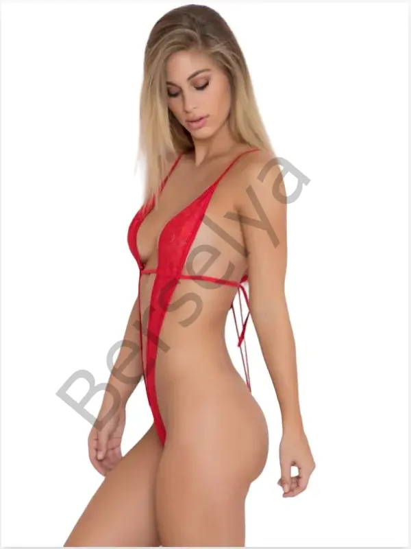 Fantezi Kırmızı Dantelli Arkası Açık Seksi Gecelik