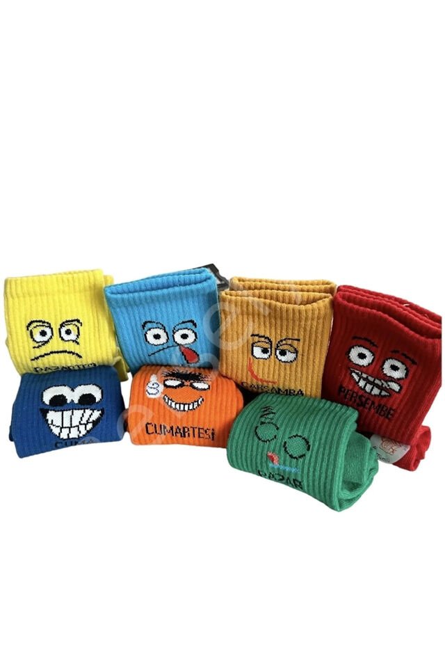 Haftanın 7 Günü Özel Emoji Basklılı Eğlenceli Tenis Kolej Çorap Kutulu Unisex