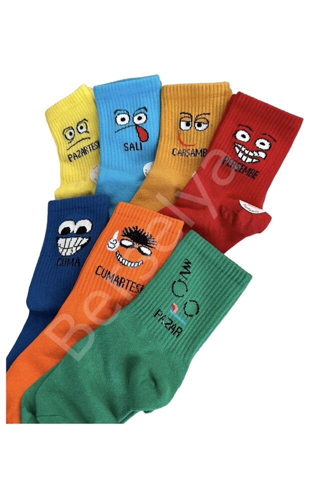 Haftanın 7 Günü Özel Emoji Basklılı Eğlenceli Tenis Kolej Çorap Kutulu Unisex