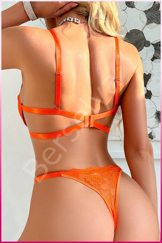 Kadın Oranj Dantelli Balenli  Sütyen Külot Takım